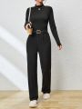 SHEIN Essnce Women's Ribbed Turtleneck Monochrome Jumpsuit