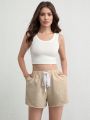 SHEIN Leisure Natrural & Comfy Cotton Elastic Drawstring Lounge Shorts - Khaki