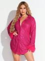 SHEIN SXY New Years Party Valentine'S Lovers Date Outfit Cuff Feathered Pink Shining Sequin Women'S Shirt