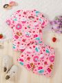 SHEIN Kids EVRYDAY Young Girl Cute Donut Printed Short Sleeve T-Shirt And Shorts Set With Round Neck For Summer