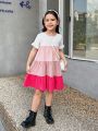 SHEIN Kids HYPEME Young Girls' Color Block & Ruffle Sleeve Splicing Dress, Perfect For Spring And Summer Street Style