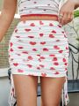 SHEIN Qutie Women's  Love Heart Printed Pleated Slim Fit Skirt