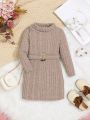 SHEIN Baby Girls' Casual Knit High Neck Long Sleeve Belted Dress