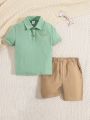 SHEIN Kids EVRYDAY Toddler Boys' Fitted Casual Short Sleeve Shirt And Shorts 2pcs/Set