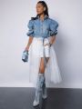 Katalyst Kouture Puff Sleeve Belted Mesh Hem Denim Dress