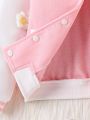 Young Girl Floral Patched Striped Trim Colorblock Varsity Jacket