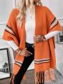 SHEIN LUNE Striped Pattern Fringe Hem Batwing Sleeve Fringe Trim Duster Cardigan