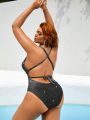 SHEIN Swim BAE Plus Size Women's Sparkling Back Cross One-piece Swimsuit