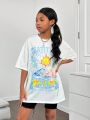 SHEIN Kids Cooltwn Tween Girls' Fashionable Sports Knit Letter Printed Round Neck Short Sleeve T-Shirt