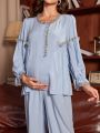 Maternity Long Sleeve Long Pants Pajama Set With Frill Edging