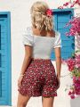 SHEIN WYWH Women'S Vacation Drawstring Short Puff Sleeve Blouse And Floral Print Shorts Two Piece Set