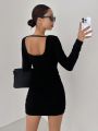 Dazy Star Solid Color Backless Long Sleeve Dress