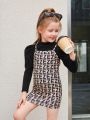 SHEIN Kids CHARMNG Little Girls' Knitted Solid Color Stand Collar Top With Knitted Letter Pattern Vest Dress Suit