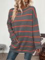 SHEIN LUNE Striped Pattern Pocket Patched Drop Shoulder Sweater