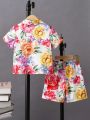 SHEIN Kids SUNSHNE Young Boy Floral Print Short Sleeve Shirt And Shorts Casual Vacation Thin Summer Outfits