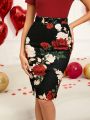 EMERY ROSE Valentine's Day Elegant Rose Print Bodycon Midi Skirt For Women