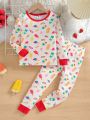 Toddler Girls' 2pcs/set Cartoon Printed Long Sleeve Top And Pants Homewear Outfit