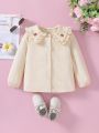 SHEIN Kids Nujoom Girls' Ruffle Trim Collar Flower Embroidered Long Sleeve Shirt, Suitable For Holiday Autumn/winter Season