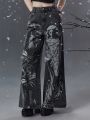 Goth Loose Retro Style Character Pattern Wide Leg Denim Jeans With Slant Pockets