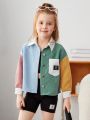 SHEIN Kids EVRYDAY Little Girls' Color Block Loose Fit Corduroy Casual Jacket With Weave Pattern
