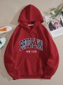 Letter Graphic Kangaroo Pocket Drawstring Thermal Hoodie