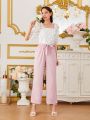 Teen Girls' 3d Floral Top And Solid Color Long Pants Two-Piece Outfit