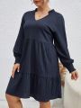 SHEIN Frenchy Women's Plus Size V Neckline Puff Sleeve Dress With Ruffle Hem