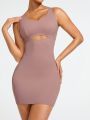 SHEIN SHAPE Ladies Solid Color Round Neck Pom Pom Trim Shapewear Dress