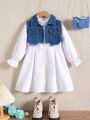 SHEIN Kids HYPEME Young Girl Flounce Sleeve Shirt Dress & Denim Vest Jacket