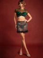 LOVING U Mesh Ruched Front Crop Velvet Top