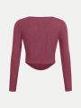 SHEIN Kids Y2Kool Tween Girls' Fashionable Sweetheart Knitted Solid Color Square Neck Long Sleeve T-Shirt