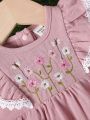 SHEIN Newborn Baby Girl Summer Floral Embroidered Short Sleeve Dress With Flutter Sleeves