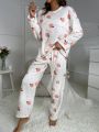 Letter & Peach Pattern Drop Shoulder Flannelette PJ Set