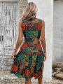 Sleeveless Plaid & Floral Print Belted Fashion Dress