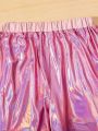 SHEIN Kids EVRYDAY Girls' Shiny Pink Cargo Pants For Casual Sports