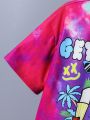 SHEIN Kids Cooltwn Tween Boys' Casual Tie-Dye Skater & Letter Print Round Neck Loose Fit Short Sleeve Knitted Tee
