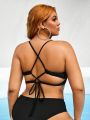 SHEIN Swim BAE Plus Size Crossed Hollow Out Halter Cami Bikini Top