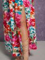 Begin Chic Plus Floral Print Plunging Neck Lantern Sleeve Split Thigh Dress