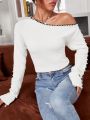 SHEIN Privé Women'S White Oblique-Shoulder Long Sleeve Sweater With Pearl Decoration