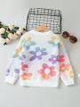 Young Girls Floral Pattern Drop Shoulder Fluffy Knit Sweater