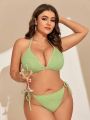 SHEIN Swim Basics Plus Size Women'S Solid Color Halter Neck Strap Swimsuit Set