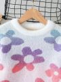 Young Girls Floral Pattern Drop Shoulder Fluffy Knit Sweater