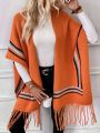 SHEIN LUNE Striped Pattern Fringe Hem Batwing Sleeve Fringe Trim Duster Cardigan