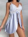 Contrast Lace Tie Backless Satin Dress With Thong