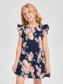 SHEIN Kids SUNSHNE Girls Ruffle Trim Floral Print Dress