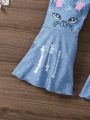 SHEIN Kids SUNSHNE Little Girls' Cartoon Printed Flared Pants Made Of Denim-Like Material