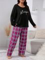 Plus Letter Graphic Tee & Plaid Pants PJ Set