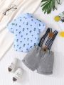 2pcs/Set Baby Boy's Palm Tree Print Short Sleeve Shirt And Suspenders Shorts Gentlemen Outfit For Holiday & Party