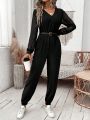 SHEIN Frenchy Women's Fashionable Black V-neck Long Sleeve Jumpsuit