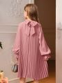 SHEIN Tween Girl 1pc Bow Back Flounce Sleeve Pleated Hem Dress